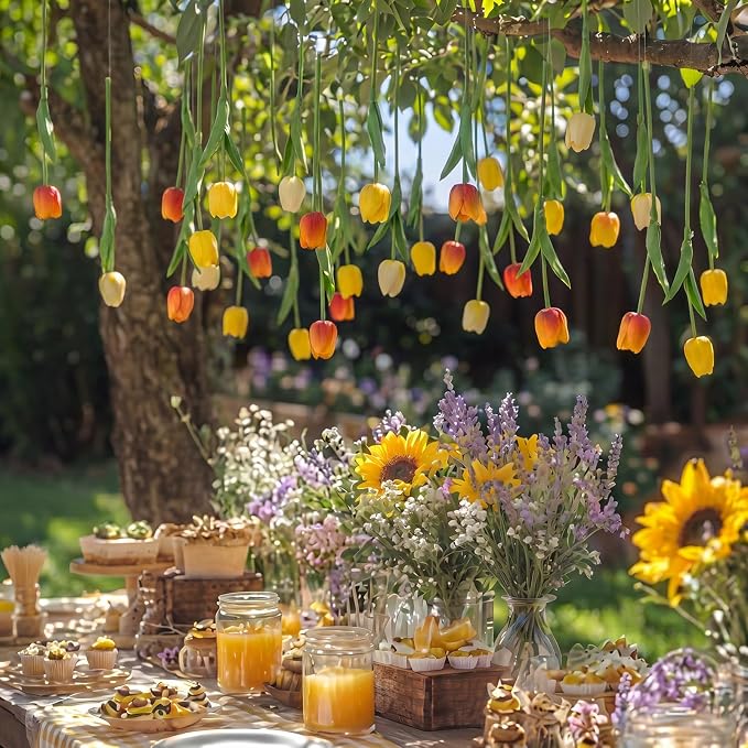 12 Pack Gradient Yellow 5 ft Artificial Tulips Hanging Flower Garland Decorations Spring Summer Dangling Faux Tulip Floral Vine Strings with Hooks for Wall Ceiling Wedding Tea Party