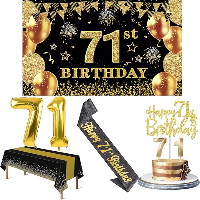 71st Birthday Decorations Men Women With 71st Birthday Banner, Black And Gold Table Cloth, Number Balloons, Sash, Cake Topper And Candles