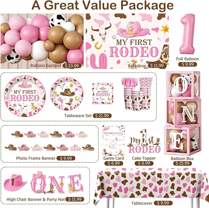 Cocomigo 272 PCS My First Rodeo Decorations Girl, First Rodeo Birthday Decorations Girl Party Supplies with Balloon Garland, Backdrop, Tableware for 25 Guests, High Chair Banner, Balloon Boxes