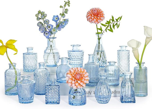 SUPMIND 16pcs Glass Bud Vase Set, Small Blue Flower Vases for Centerpieces in Bulk, Mini Vintage Vase for Wedding, Home Decor, Table Decoration