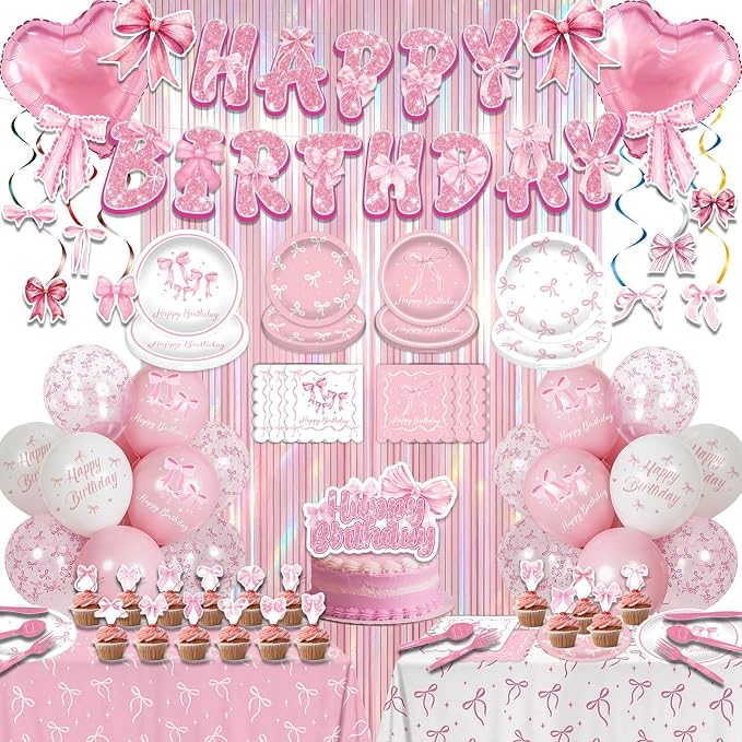 266Pcs Pink Bow Party Birthday Decorations - Party Supplies Included Foil Fringe, Banner, Tablecloth, Hanging Swirls, Cupcake Toppers, Tableware, Paper Towel, Latex and Love Heart Balloons (Pink Bow)