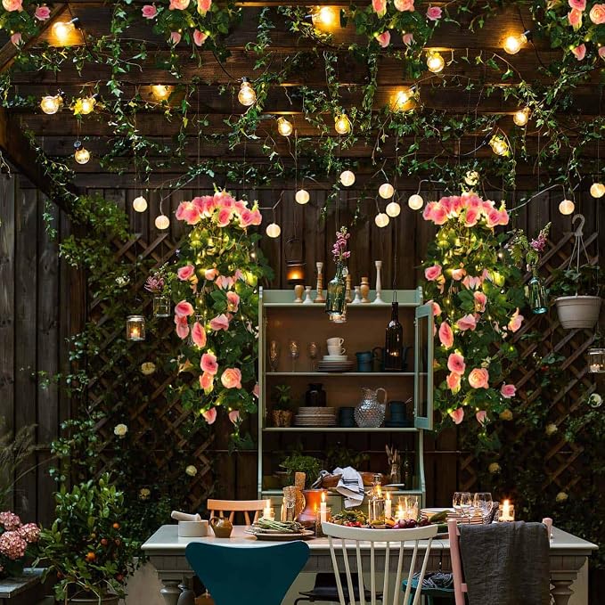RECUTMS Hanging Flowers Artificial Rose Flower 2PCS 3.3Ft for Outdoors with 30 LED Fairy String Lights Fake Outdoor (Pink)