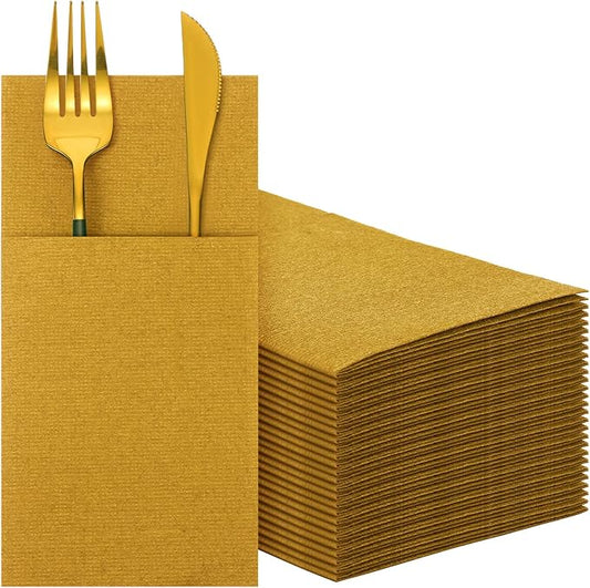 Cindeer 150 Pcs Gold Linen Dinner Feel Napkins with Built in Flatware Pocket Prefolded Paper Disposable Airlaid Guest Hand Towel for Silverware Wedding Reception Christmas Baby Shower