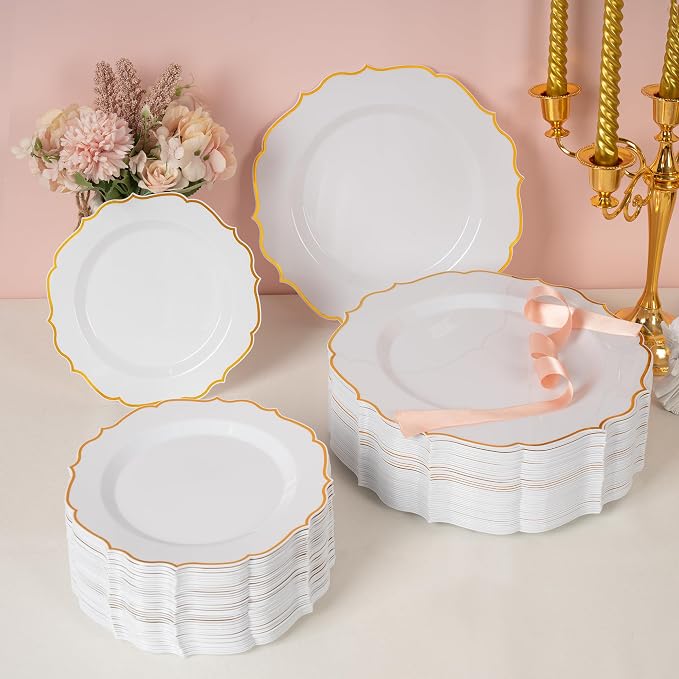 100 PCS Gold Dessert Plastic - 7.5 inch White & Gold Plastic for Party Cake Plates Elegant Heavy Duty Disposable Plates for Wedding & Party