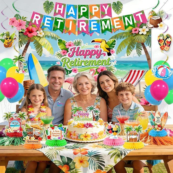 Luau Hawaiian Retirement Party Decorations Tropical Happy Retirement Banner Backdrop with Honeycomb Pom Poms Centerpieces Hanging Swirls Beach Summer Retirement Party Supplies