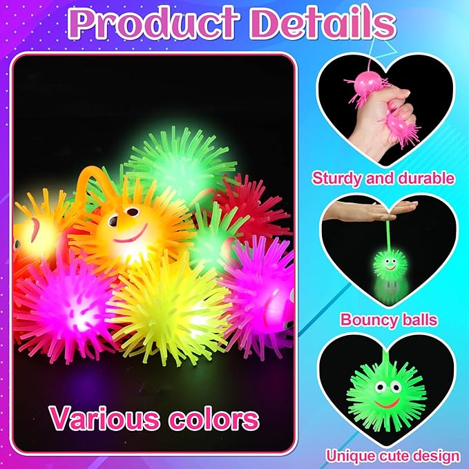 24PCS Light Up Balls for Kids 3.4 inch Puffer Bouncy LED Ball Flashing Sensory Glow in The Dark Toys Bulk Party Favors for Easter Basket Gifts Classroom Stuffer Sprizes Pinata Fillers