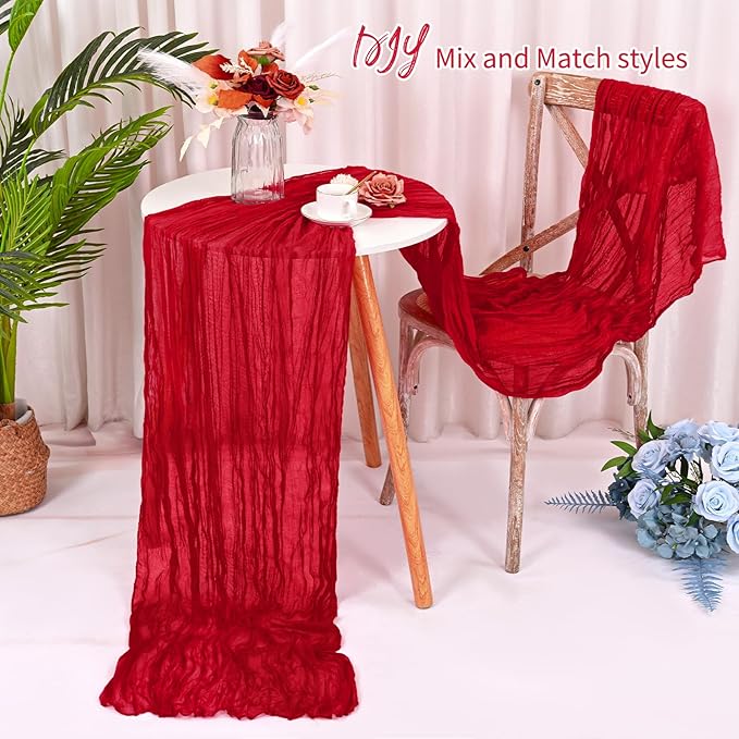 16 Pack Red Cheesecloth Table Runner 120 Inch 10FT Spring Boho Rustic Sheer Gauze Cheese Cloth Table Runner for Wedding Baby Shower Birthday Party Table Decor