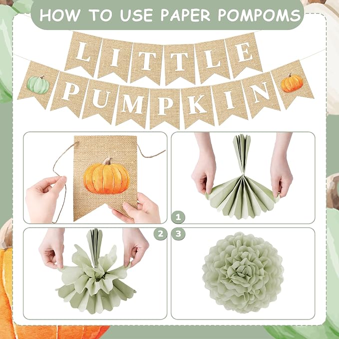 Kriyokiaa Little Pumpkin Baby Shower Decorations 15 Pcs Fall Baby Shower Decorations with Little Pumpkin Banner, Paper Pom Poms, Paper Lantern Perfect for He or She Reveal Party