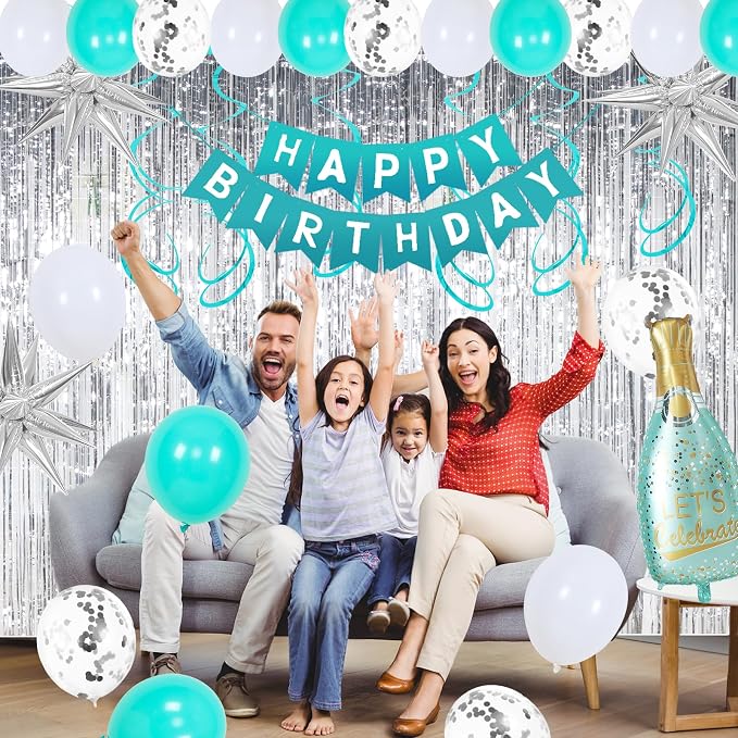Teal Birthday Decorations for Women Girls, Turquoise Birtihday Decorations Brthday Party Decoartions with Happy Brithday Banner Balloons Arch Fringe Curtains Tablecloth Wine Bottle Birthday decor