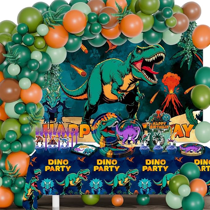 150Pcs Dinosaur Birthday Decorations Dinosaur Themed Party Decorations Set Includes Banner Backdrop Tablecloth Balloons Plates Forks Cake Toppers Cupcake Toppers