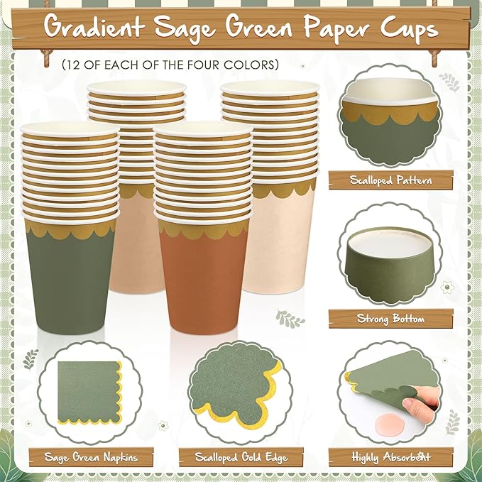 Mimorou 338 Pcs Sage Green and Brown Plates and Napkins Party Supplies for Guests Woodland Baby Shower Tableware Include Forest Scalloped Plates Paper Napkin Cup Spoon Fork Knife for Wedding Birthday