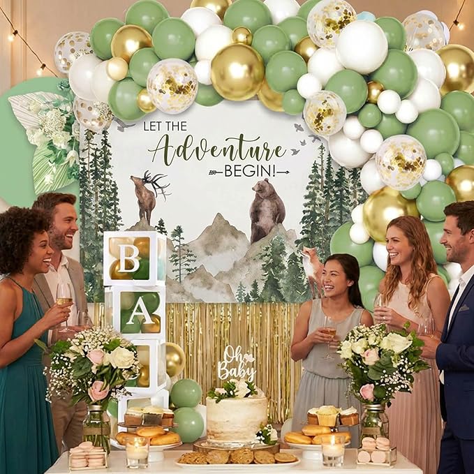 140PCS Let The Adventure Begin Baby Shower Decorations, Woodland Mountain Baby Shower Supplies, Sage Green Balloon Garland Kit, BABY Boxes, Backdrop Banner