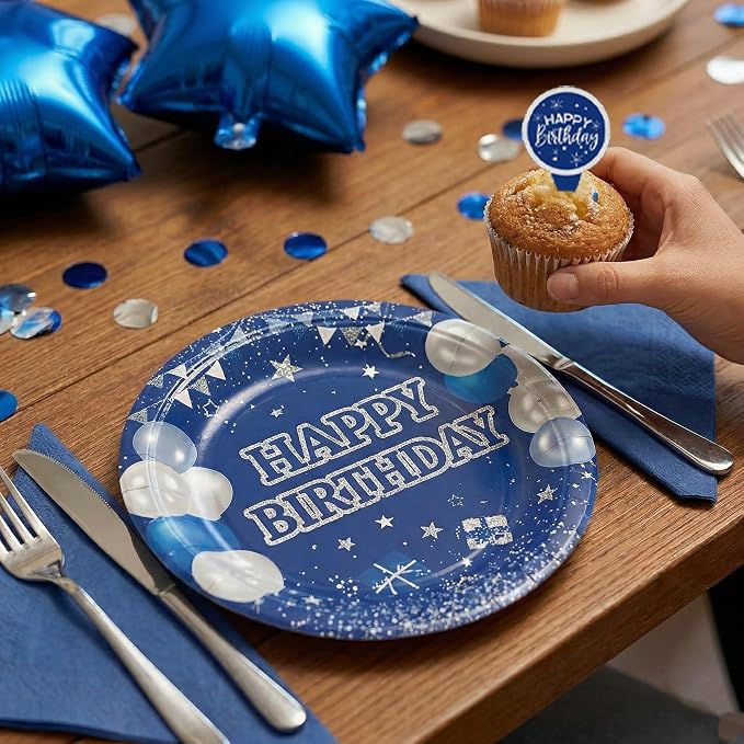 Birthday Decorations Men Blue - (Total 89pcs) blue party Banner, Pennant, Hanging Swirl, Foil Backdrops, balloons, Tablecloths, cupcake Topper, plates, Photo Props, birthday Sash for women boy