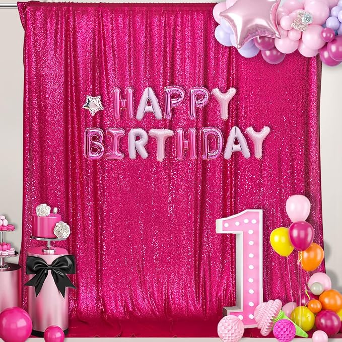 PartyDelight Hot Pink Sequin Backdrop 6x8ft 4 Inch Rod Pocket | Dense 3mm hot pink sequins on mesh backing with 4 inch rod pocket for full body photos ceremony arches party walls and stage