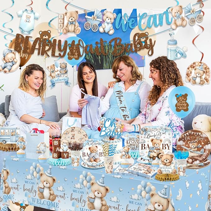 Blue Bear Baby Shower Decorations for Boy We Can Bearly Wait Baby Shower Plates and Napkins Tablecloth Banner Toppers Bracelets Sash Honeycombs Balloons for Boy Baby Shower Party Supplies Serve 26