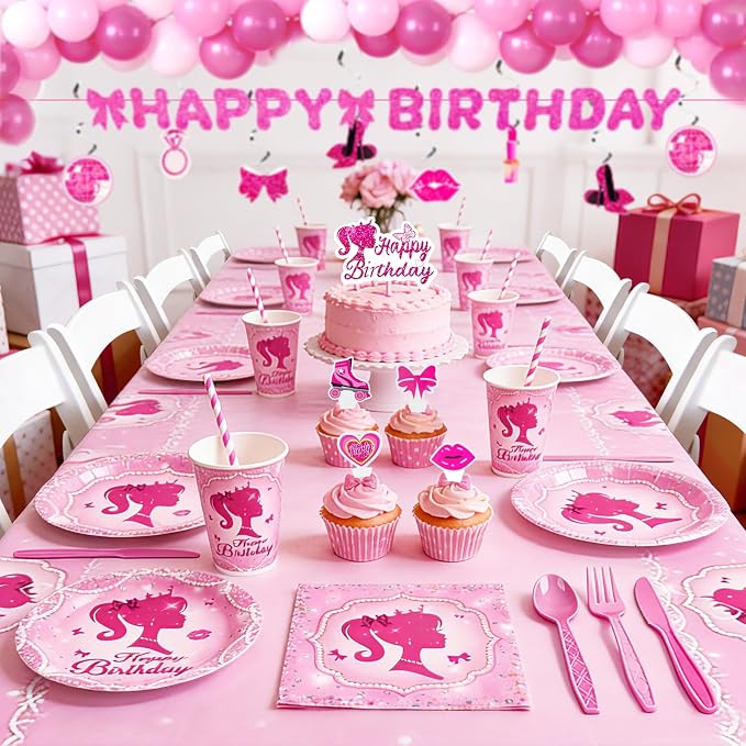 Pink Girls Birthday Party Decorations & Tableware Set | 257Pcs Serves 24 Guests, Includes Plates Cups Napkins Utensils Straws Tablecloth Cake Toppers Banner Hanging Swirls & Balloons (Pink Girls)