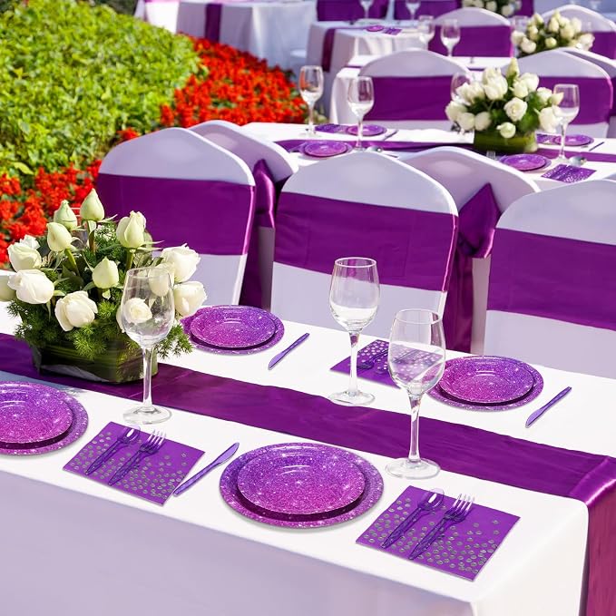 Hushee 175 Pcs 25 Guests Purple Paper Party Plates and Cups Napkins Sets Holographic Glitter Disposable Dinnerware Plastic Forks Knives Spoons Birthday Bachelorette Wedding Party Supplies