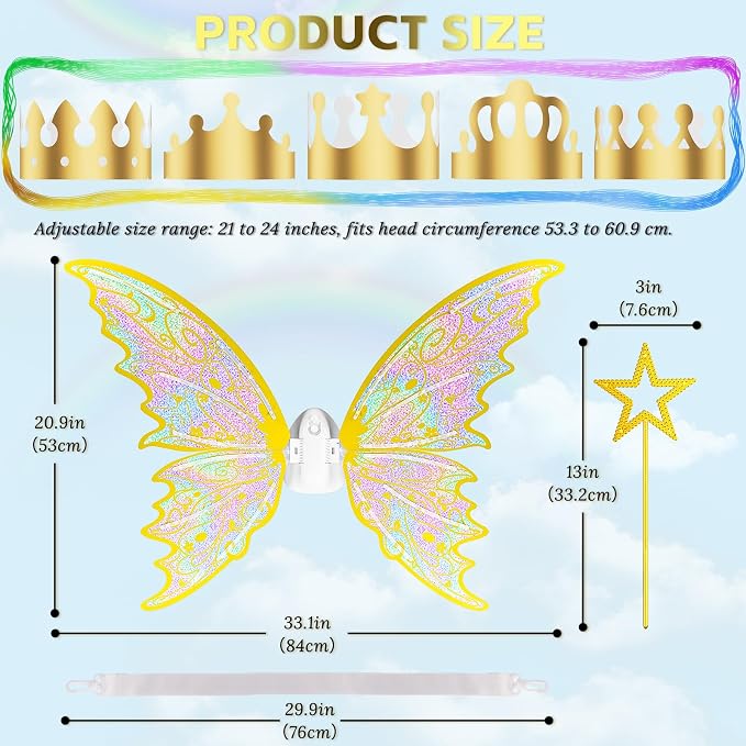 maysida Gold Fairy Wings for Kids and Girls, Light-up Electric Sparkling Wings Princess Halloween Set with Wand, Crown, Butterfly Wings – Ideal for Cosplay, Party, Birthday, Christmas
