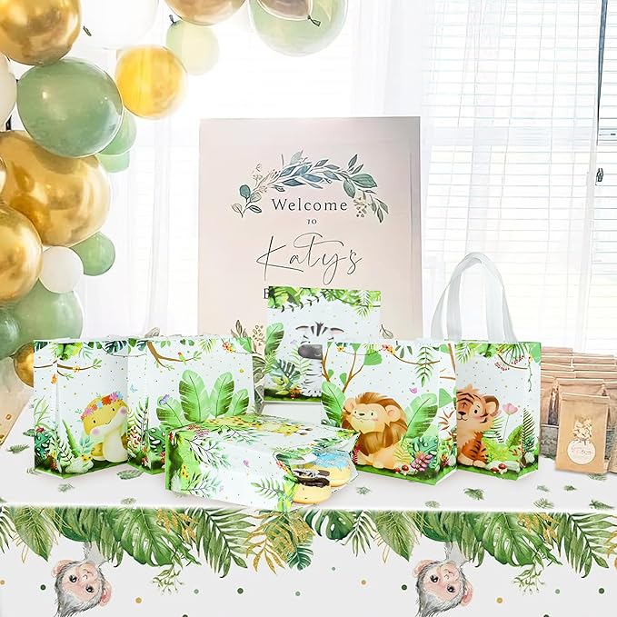 W WINTMING 24 Pcs Safari Party Favor Bags Jungle Animal Gift Bags Reusable Non Woven Safari Goodie Treat Candy Bags with Handles for Kids Birthday Party Baby Shower Decoration Supplies