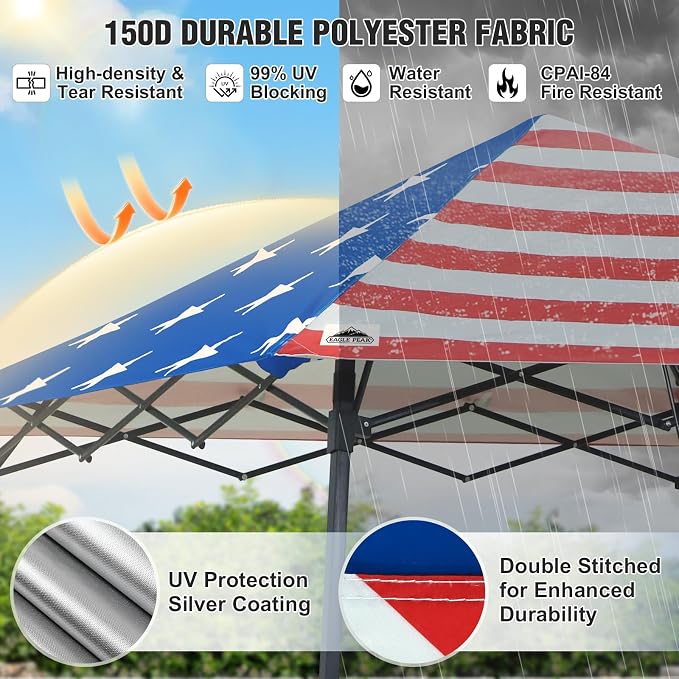 EAGLE PEAK 8x8 Pop Up Canopy Tent with Extended Eaves & Sidewall, Compact, Portable, Easy Setup Slant Leg Instant Shelter for Beach, Sports, & Camping, 8x8 Base 7x7 Top, American Flag