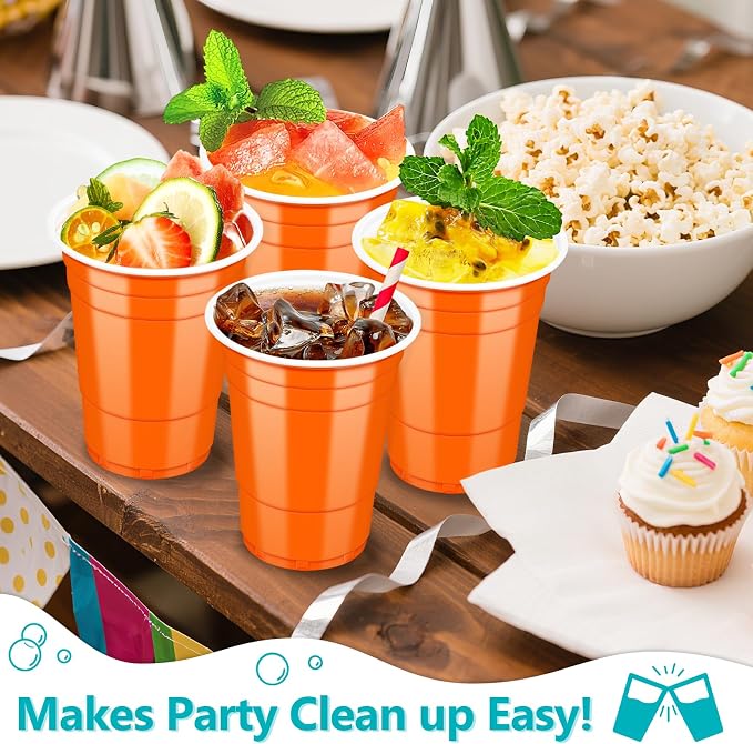 LANLISA 50 Orange Plastic Cups, 16 oz Disposable Cups, Drinking Cups For Birthday Party, Halloween, Thanksgiving, Harvest, Fall