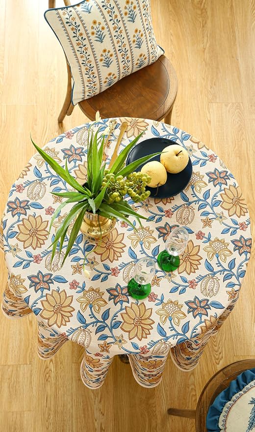 ISAENNE Designer Vintage Linen Round Tablecloth,Diameter 55"-Estevan B | French Elegant Beautiful Printed Table Cloth,Orange Floral Pattern,Durable,Dining,Kitchen,Tea Party,Thanksgiving,Decor