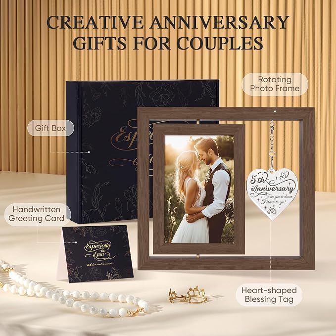 5 Year Anniversary Picture Frame Gifts for Him Her Couple Men Women Husband Wife, 5th Anniversary Marriage Gifts, Best 5 Year Anniversary Wood Gift, Five Year Fifth Anniversary Wedding Gift