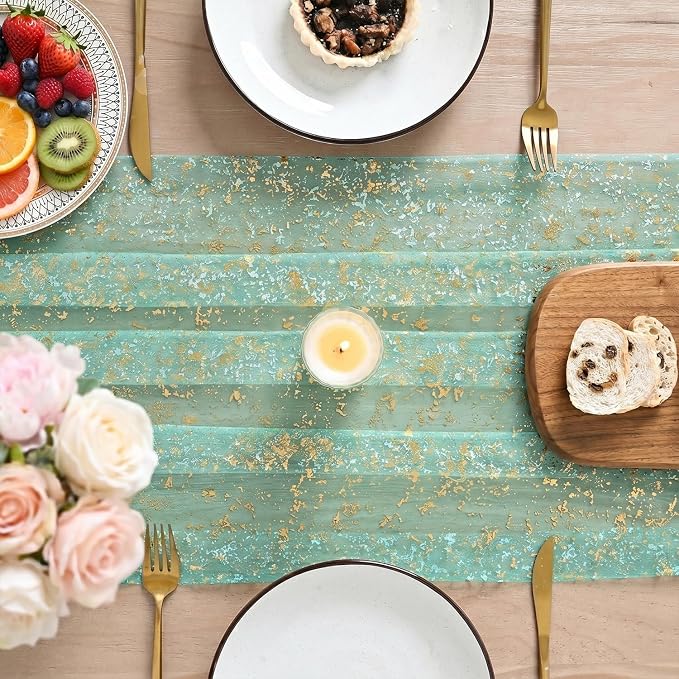 Artoid Mode Turquoise Gauze Gold Table Runner 10FT, Glitter Metallic Foil Sheer Dining Wedding Anniversary Holiday Table Decor for Home Party