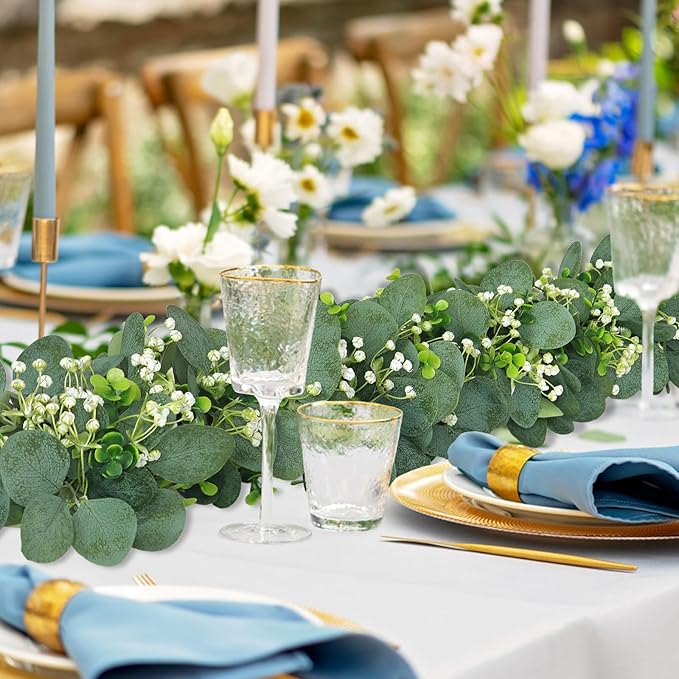 SOMYTING Eucalyptus Garland, 2 Packs 5.9FT Greenery Garland with Gypsophila Flowers Artificial Faux Silver Dollar Eucalyptus Leaves Fake Vines for Indoor Outdoor Table Mantle Home Party Wedding Decor