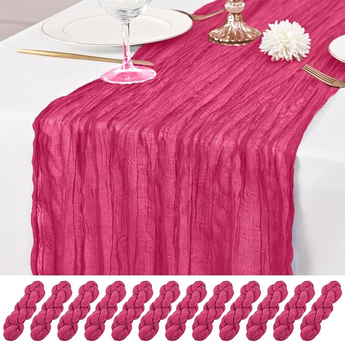 12 Pack Hot Pink Table Runner 10Ft Cheesecloth Table Runner Rustic Gauze Table Runners Romantic Long Sheer Fabric Cheese Cloth Table Runners for Wedding Party Bridal Baby Shower