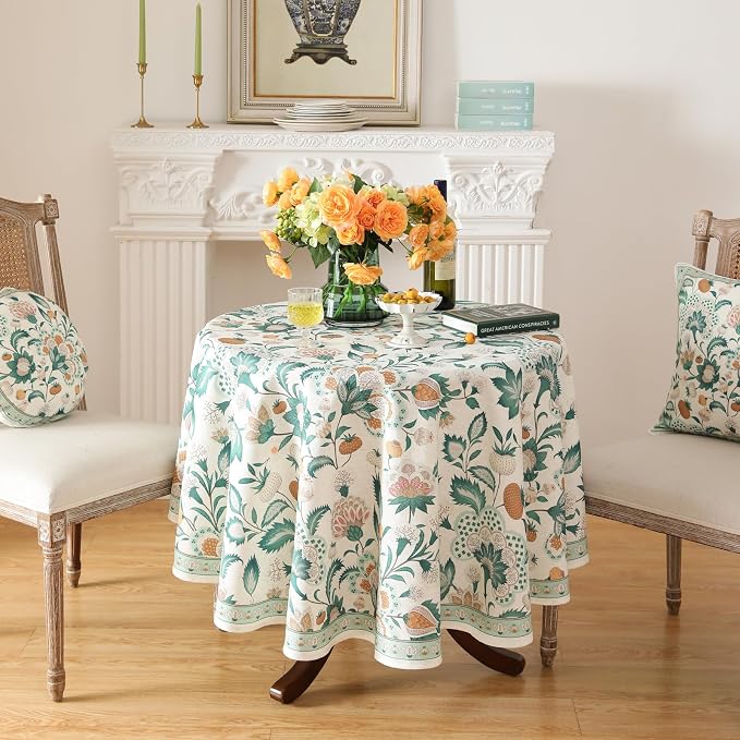 patdrea Vintage French Linen Tablecloth,Round,Diameter 55"-Tree Life | Elegant Colorful Table Cloth for Round Table,Green Floral Patterned,for Dining Room Tea Party Thanksgiving,Durable