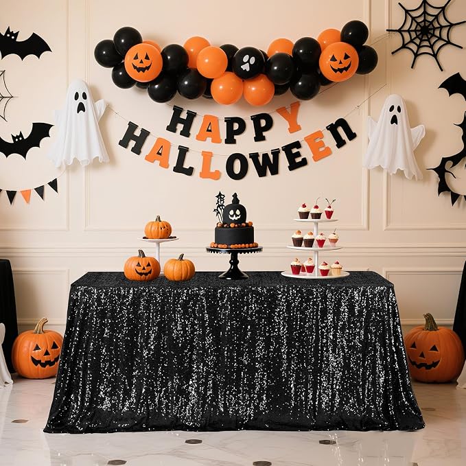 Poise3EHome Black Sequin Tablecloth 50×72 Inch Rectangle Table Cover Overlay for Birthday Halloween Party Holiday Baby Shower Decoration