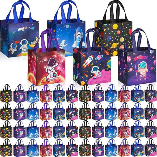 Kigeli 48 Pcs 6 Style Space Goodie Bags, Space Party Favors Large Non-woven Gifts Bags with Handles, Astronaut Planet Rocket Goodie Candy Tote for Baby Shower, Galaxy Theme Birthday Party Supplies