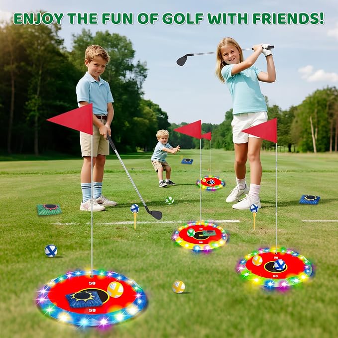 TERRAMUS Glow in the Dark Golf & Toss Game, 2 in 1 LED Target Set with 2 Clubs, 18 Balls, 6 Bean Bags, Outdoor Indoor Backyard Toy for Kids Ages 4 5 6 7 8, Birthday Gifts for Boys Girls