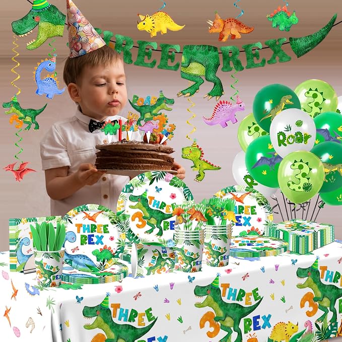 214pcs Three Rex Birthday Decorations Tableware Boy,Dinosaur Paper Plates and Napkins for Birthday Party,12 Balloons,Banner,Tablecloth,Cups,TRex Dinosaur Theme 3 Year Old Boy Party Supplies,Serve 24