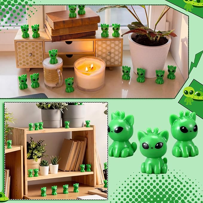 VioraWhite 50 Pcs Resin Mini Alien Cat Figures Bulk Tiny Alien Cat Figurine to Hide and Seek Green UFO Sci-fi Space Party Gifts for Miniature Landscape Space Birthday Party Goodie Bags Fillers