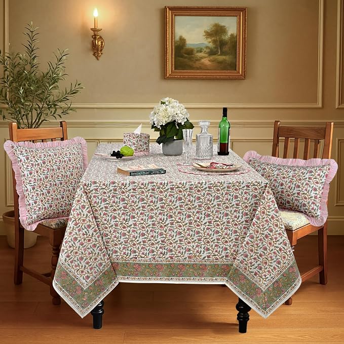 Ridhi Block Print Rose Pink Floral Vine Rectangle Cotton Tablecloth 108" x 60" Reusable Table Cover Decorative Everyday Use for Dining, Farmhouse, Home Gift for Spring, Easter, Valentine