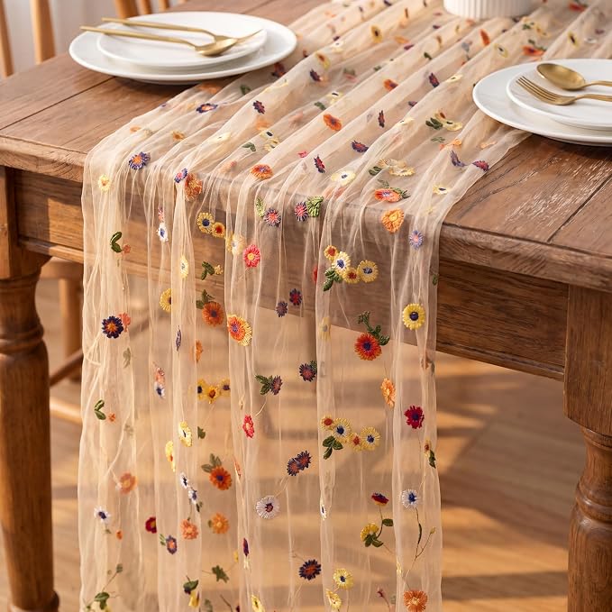 Floral Table Runner 30 x 120 Inch, 6 Pack Champagne Embroidered Daisy Sheer Tulle Gauze Table Runner for Wedding, Birthday Tea Party, Home Dining Decor