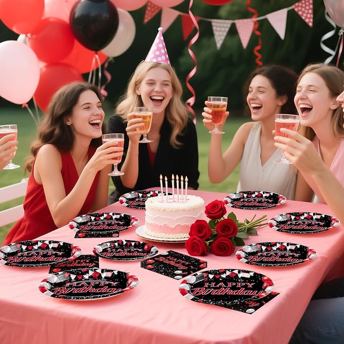 Grencian 96Pcs Red and Black Birthday Party Decorations Red and Black Plates and Napkins Disposable Happy Birthday Tableware Set for Men Women Birthday Party Supplies, Serves 24