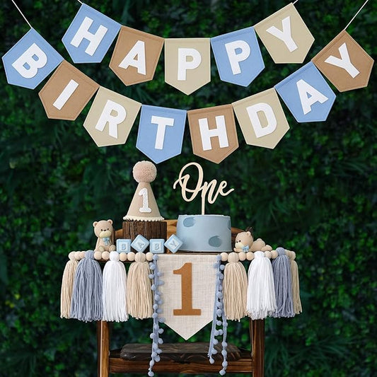 DCJHFJ Felt Khaki Blue Happy Birthday High Chair Banner Pre-Strung Birthday Hanging Decoration for 1st Birthday Decorations Boy