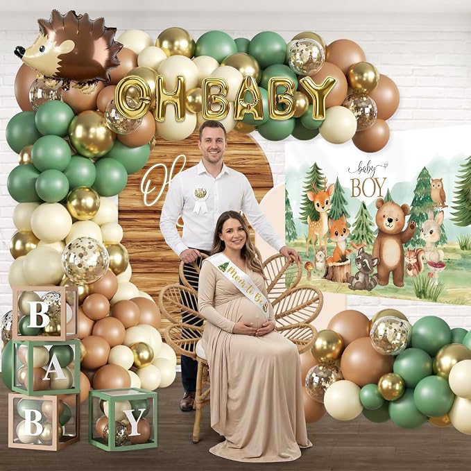 254Pcs Woodland Baby Shower Decorations, All-in-one Baby Boy Woodland Forest Animals Party Set with Plates, 2 Tablecloths, Cupcake Stand Woodland Theme Baby Shower Decorations