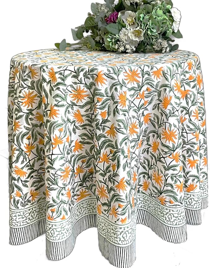 ATOSII Noor 100% Cotton Round Tablecloth, Handblock Print Floral Table Cloth for Kitchen Dining Linen I Parties, Weddings, Outdoors, Spring Summer Decor I 72" Inches Round