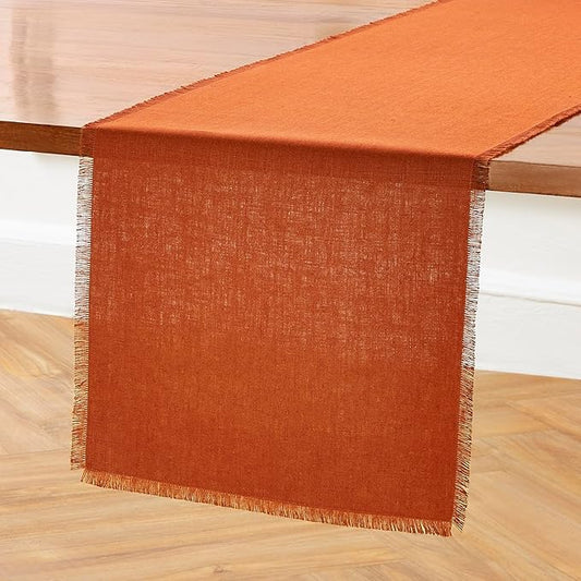 Solino Home Fringe Linen Table Runner 72 Inches Long - 100% Pure Linen Cinnamon Dining Table Runner 14 x 72 Inch for Mothers Day - Handcrafted and Machine Washable