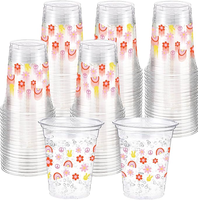 Funnymoom 60 Pack Groovy Cup 12 oz Daisy Flower Disposable Clear Plastic Boho Retro Hippie Drinking Cups for 60s 70s Groovy Themed Birthday Baby Shower Party Decorations Supplies