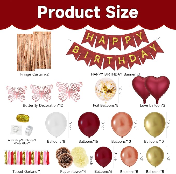 Burgundy Balloons Birthday Decorations, Happy Birthday Banner, Tassel, Heart Foil Balloons, Butterfly, Paper Flower and Fringe Curtains for Happy Birthday Decorations for Women Adults