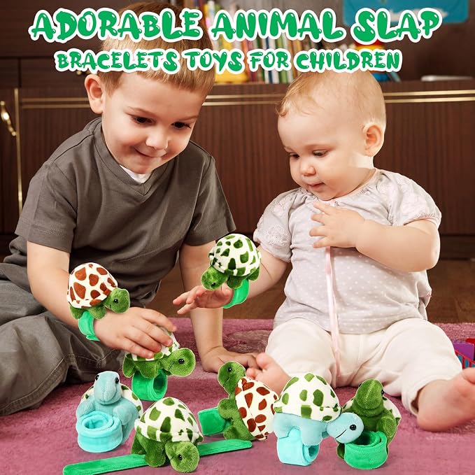 Lenwen 8 Pcs Stuffed Turtle Animals Slap Bracelets for Kids 8.66 Inch Back to School Plush Animal Bracelets Adopt a Turtle Party Favors Wrist Slap Snap Band Toy for Boys Girls Birthday Gifts