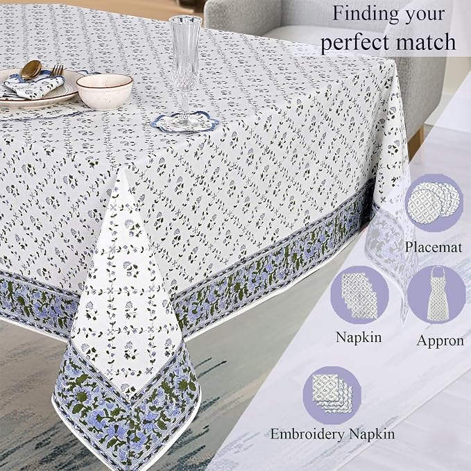 Ridhi Blue Block Print Table Cloths 100% Cotton 60 Inch x 60 Inch Decorative Washable Rectangle Tablecloth Table Cloth, Dining, Kitchen, Parties & Camping, Faience - Spring/Summer