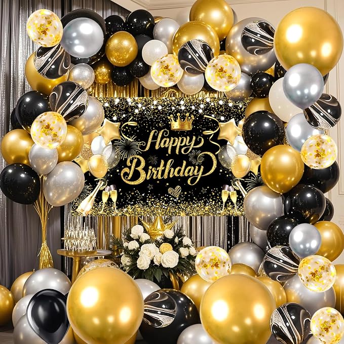 Black Golden Happy Birthday Party Balloons Decorations Set, 80 PCS | with Photo Background Backdrop, Happy Birthday Sign Banner Cloth, 3 PCS 18inch Metal Gold Balloons, Gold Confetti Balloons