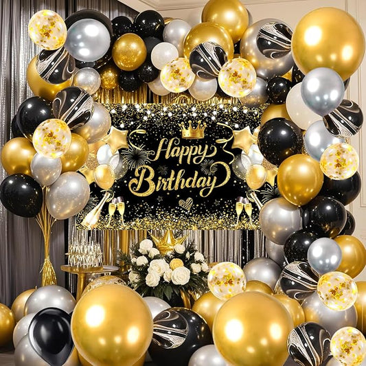 Black Golden Happy Birthday Party Balloons Decorations Set, 80 PCS | with Photo Background Backdrop, Happy Birthday Sign Banner Cloth, 3 PCS 18inch Metal Gold Balloons, Gold Confetti Balloons