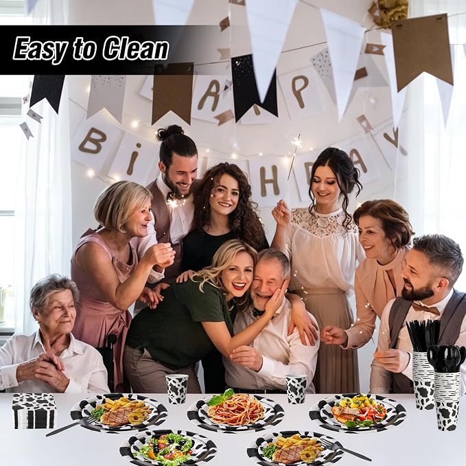 400 Pcs Disposable Black Cow Print Tableware Set for 50 Guests | Heavy-Duty 7" & 9" Paper Plates, Cups, 13" Napkins & Plastic Cutlery for Cow Birthday, Farm and Western Party Supplies